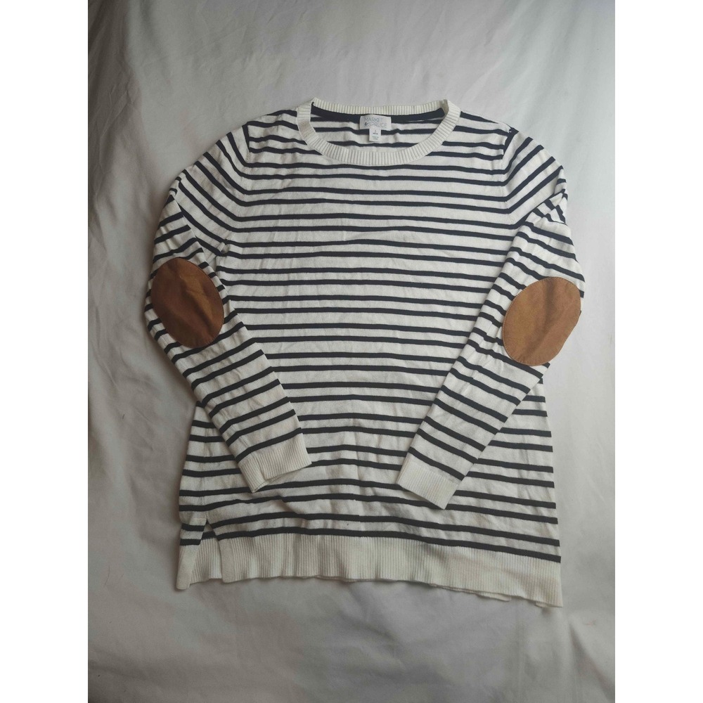 Market & Spruce Striped Sweater Small Petite Elbow Patches Navy White